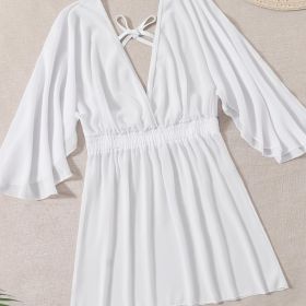 Plus Size Chiffon Flounce Cover Ups; Women's Plus Solid Elegant Bikini Tops Cover Ups - White - 2XL(16)