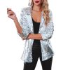 Women's Sequin Blazer, Shimmer Jacket, Casual Long Sleeve Glitter Lapel Coat - SILVER - L