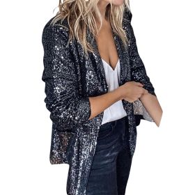 Women's Sequin Blazer, Shimmer Jacket, Casual Long Sleeve Glitter Lapel Coat - Black - 2XL