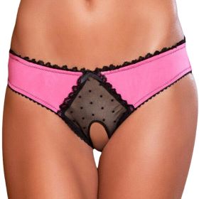 Panties Women Open Crotch Mesh Sexy Bowknot Hallow Out Erotic Lingerie Low Waist Crotchless Panties Women panties for sex - hot pink - L