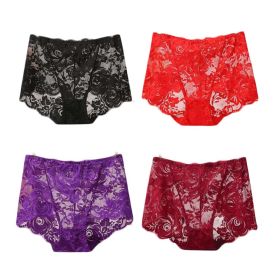 4 Pcs Womens Lace Sexy Bikini Panties Plus Size Boyshorts Panties High Waist Briefs Underwear,Black Red Purple Wine Red - Default