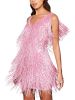 Women's Layered Fringe Deep V Neck Mini Dress Sleeveless Tassels Flapper Dresses - Pink - XL