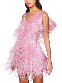 Women's Layered Fringe Deep V Neck Mini Dress Sleeveless Tassels Flapper Dresses - Pink - 2XL