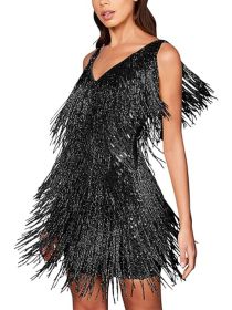 Women's Layered Fringe Deep V Neck Mini Dress Sleeveless Tassels Flapper Dresses - Black - M