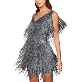 Women's Layered Fringe Deep V Neck Mini Dress Sleeveless Tassels Flapper Dresses - silver - XL