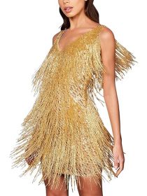 Women's Layered Fringe Deep V Neck Mini Dress Sleeveless Tassels Flapper Dresses - Yellow - M