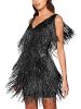 Women's Layered Fringe Deep V Neck Mini Dress Sleeveless Tassels Flapper Dresses - Black - 2XL