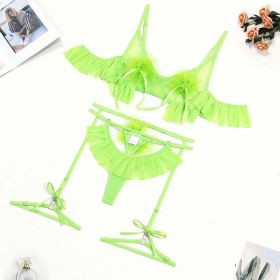 Pompons Pleated Skirt See Through Comfortable Mesh Sexy Lingerie Set - S - Green