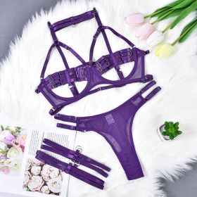 Lingerie Sexy Temptation Complex Shoulder Strap Interwoven Four Piece Suit Steel Ring Sexy Uniform - L - Purple