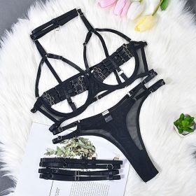 Lingerie Sexy Temptation Complex Shoulder Strap Interwoven Four Piece Suit Steel Ring Sexy Uniform - L - Black