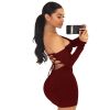 Summer Dress Sexy Back Lace Up Off The Shoulder Mini Dress Women Bodycon Club Dresses Fashion Vestidos - Red - L