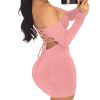 Summer Dress Sexy Back Lace Up Off The Shoulder Mini Dress Women Bodycon Club Dresses Fashion Vestidos - Pink - S