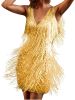 Women's Layered Fringe Deep V Neck Mini Dress Sleeveless Tassels Flapper Dresses - Yellow - 4XL