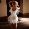 Women's Layered Fringe Deep V Neck Mini Dress Sleeveless Tassels Flapper Dresses - white - 2XL