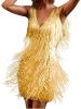 Women's Layered Fringe Deep V Neck Mini Dress Sleeveless Tassels Flapper Dresses - Yellow - 3XL