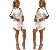 Womens Loose Deep V-Neck Casual Dress Sexy T Shirt Vintage Turn-down Collar Print Dress Spr Women Long Sleeved Button Night Club Dress - White - L